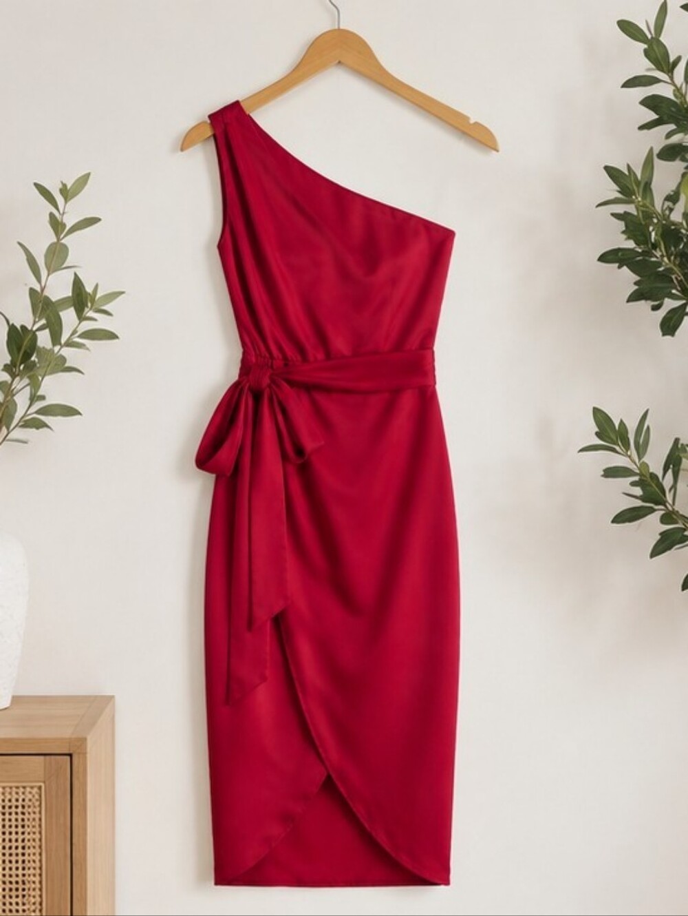 Red One Shoulder Satin Dress with Waist Tie
